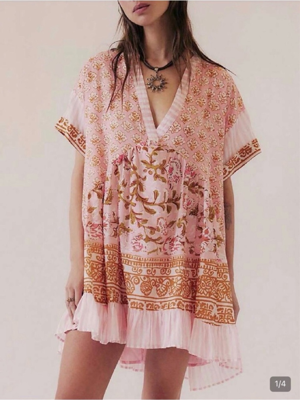 Free People Pink Floral Embroidered V-Neck Agnes Dress NWOT